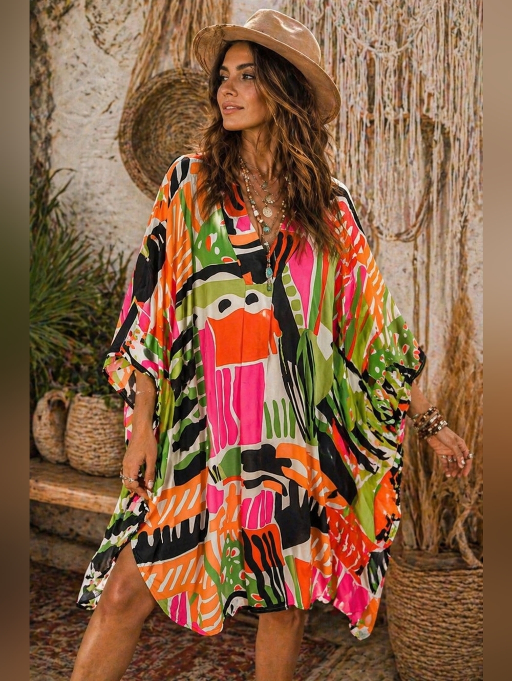 Bel Kazan Abstract Print Kaftan Tunic Oversized Boho Art Top L XL